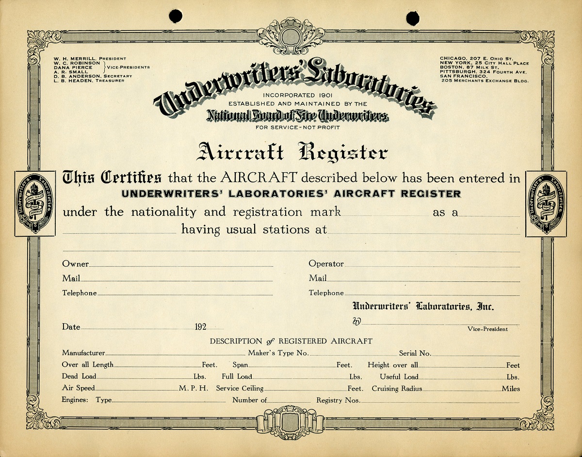 1920s UL aircraft registry certificate.