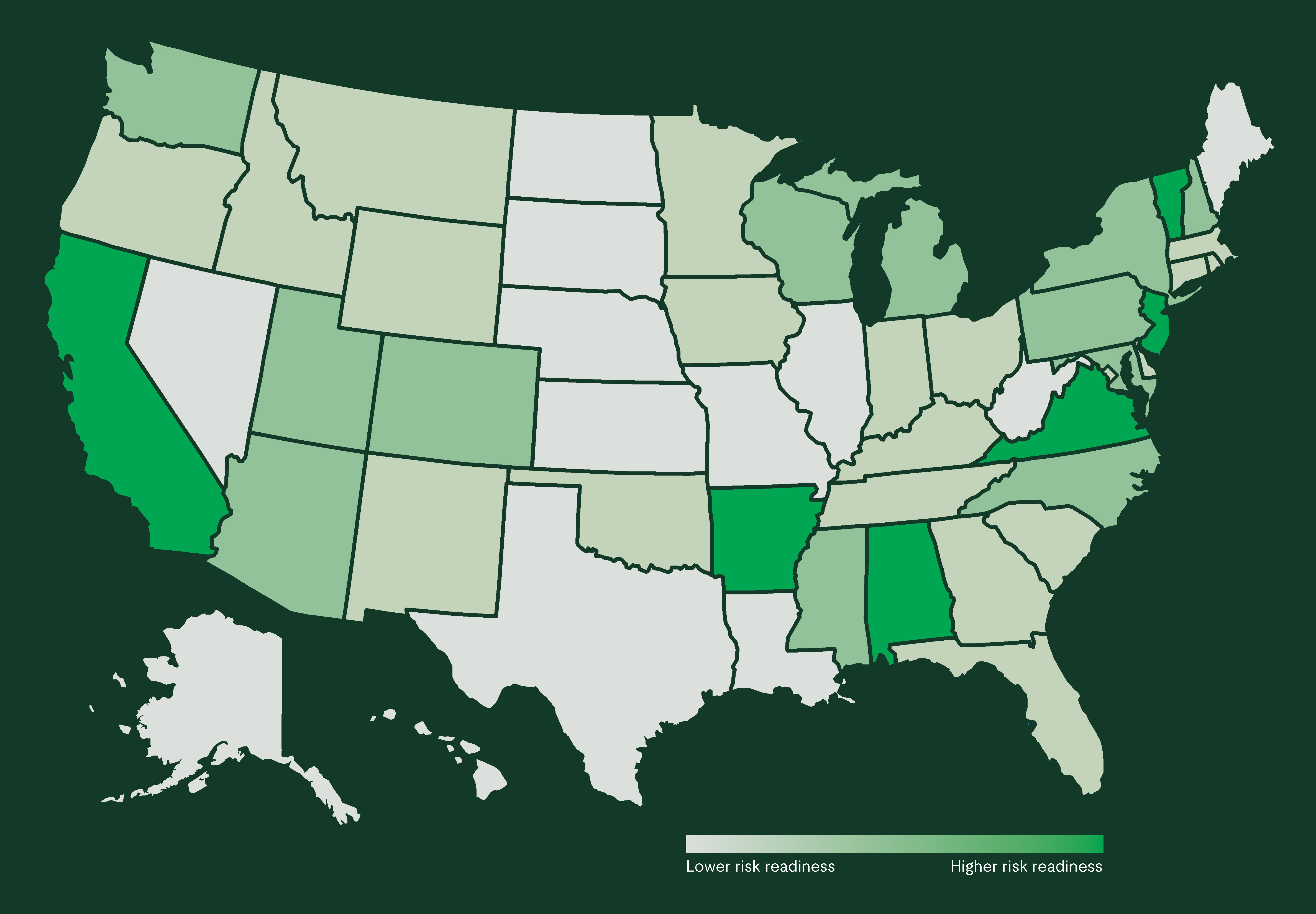 A map of the United States shaded in varying greens to show each state's risk readiness, with darker green indicating higher risk readiness and lighter green indicating lower readiness.