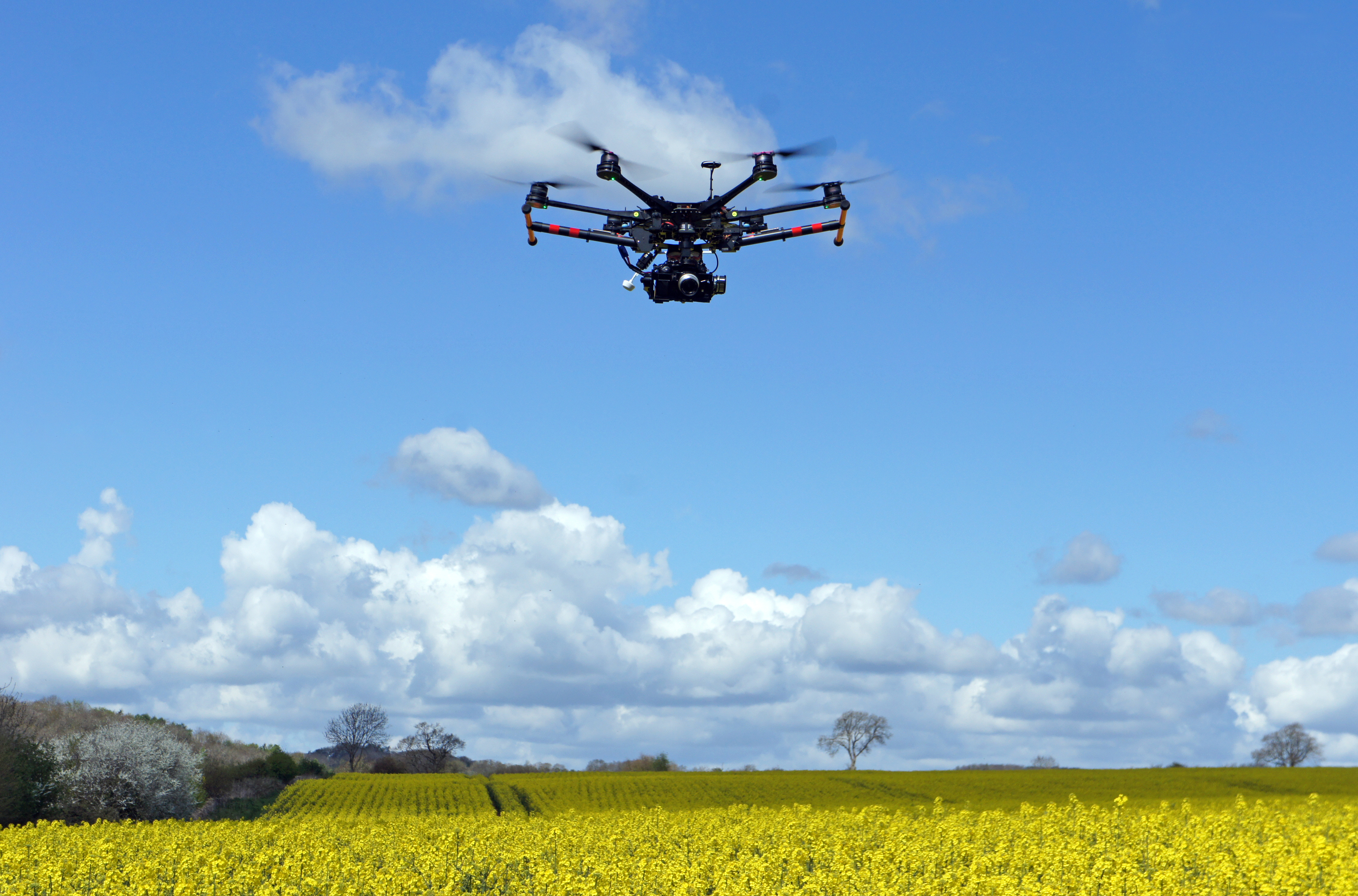 Drone hovering over field