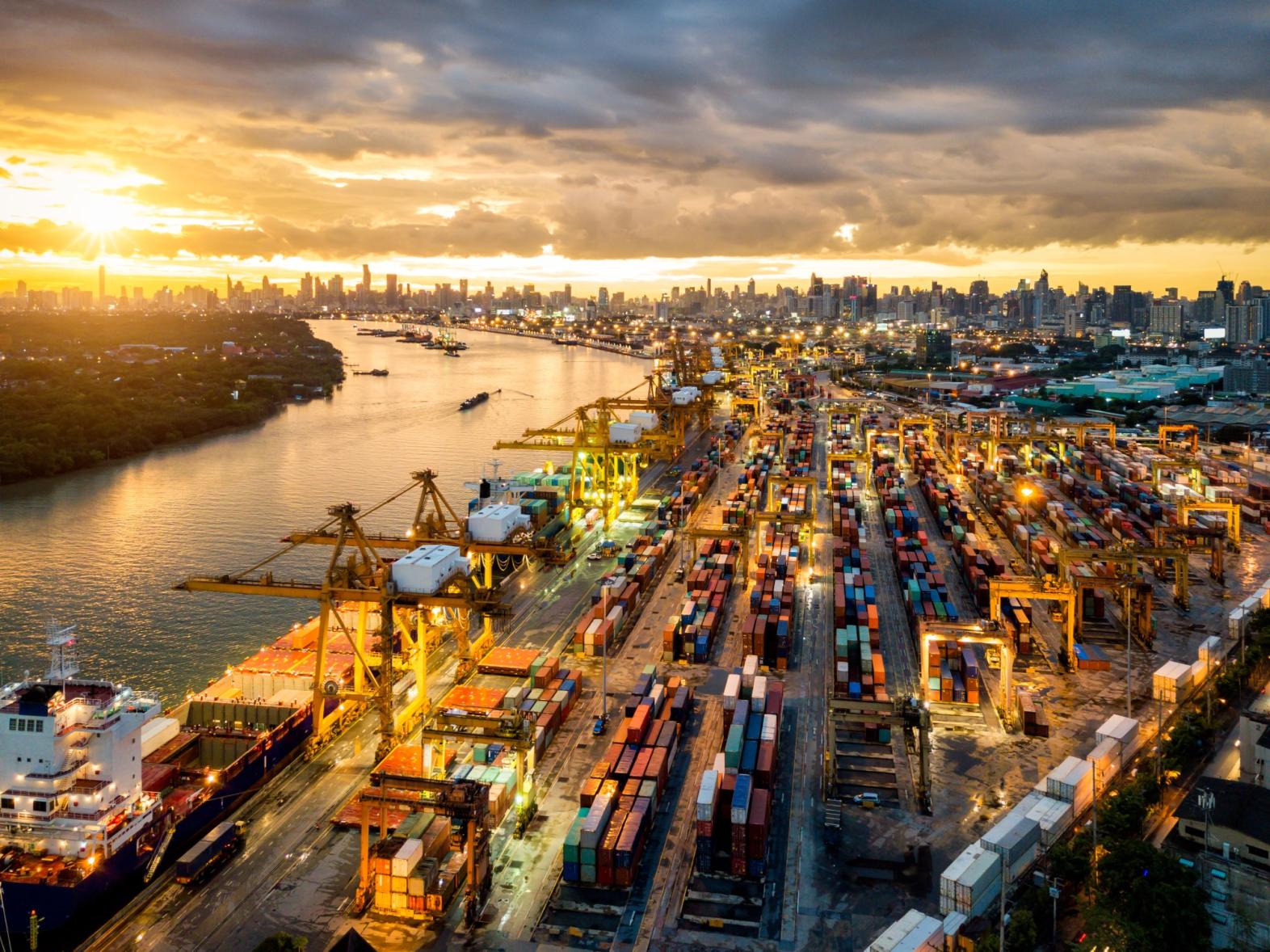 Shipping containers at a riverside port