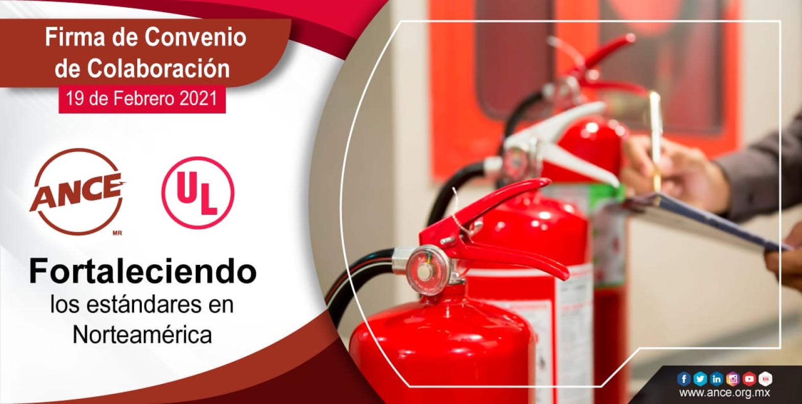 Photo of fire extinguishers and text in Spanish reading "Signature of collaboration agreement strengthening standards in North America"
