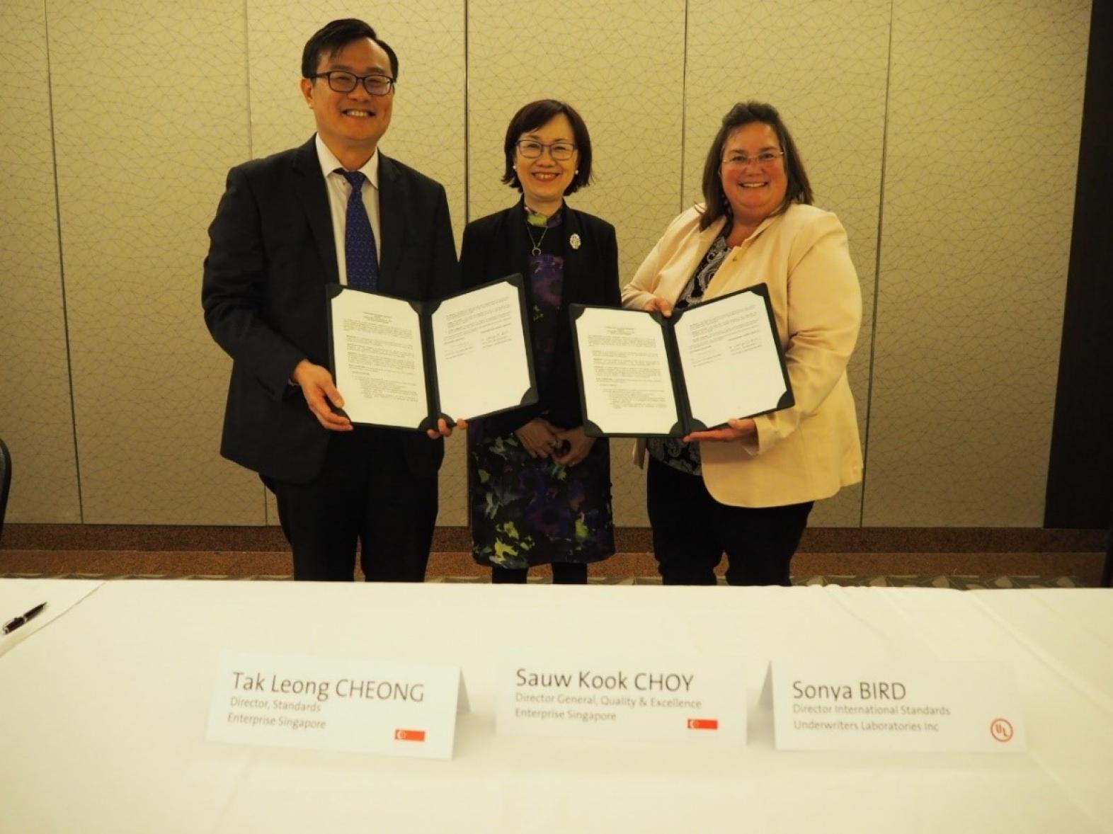 From left to right: Mr. Tak Leong Cheong, Ms. Sauw Kook Choy and Ms. Sonya Bird at MOU signing with Enterprise Singapore