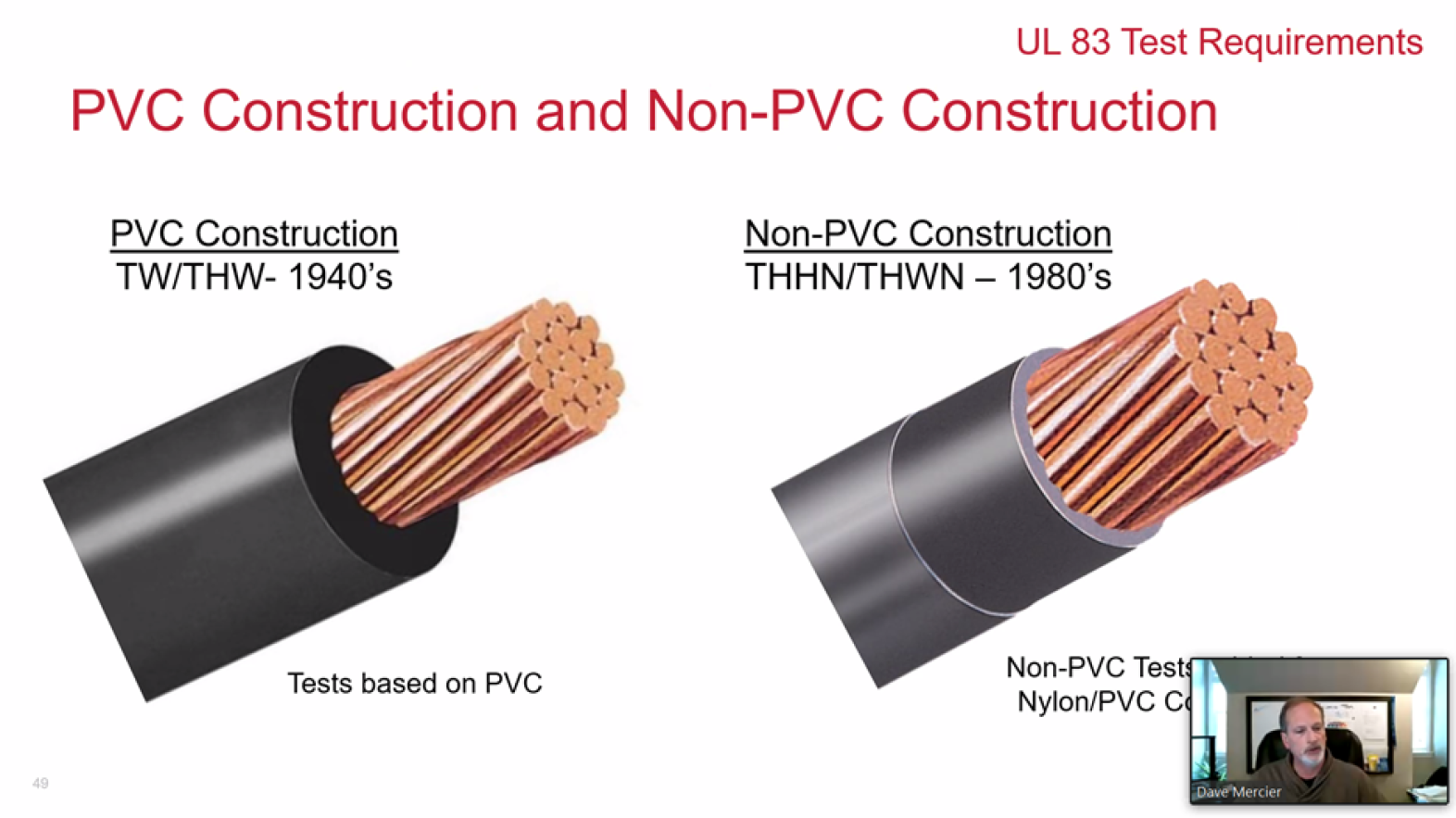 Dave Mercier, principal engineer at Underwriters Laboratories, presents on the test requirements in UL 83. On screen, two cross sections of electric wiring can be seen, demonstrating the difference between PVC and non-PVC wire insulation