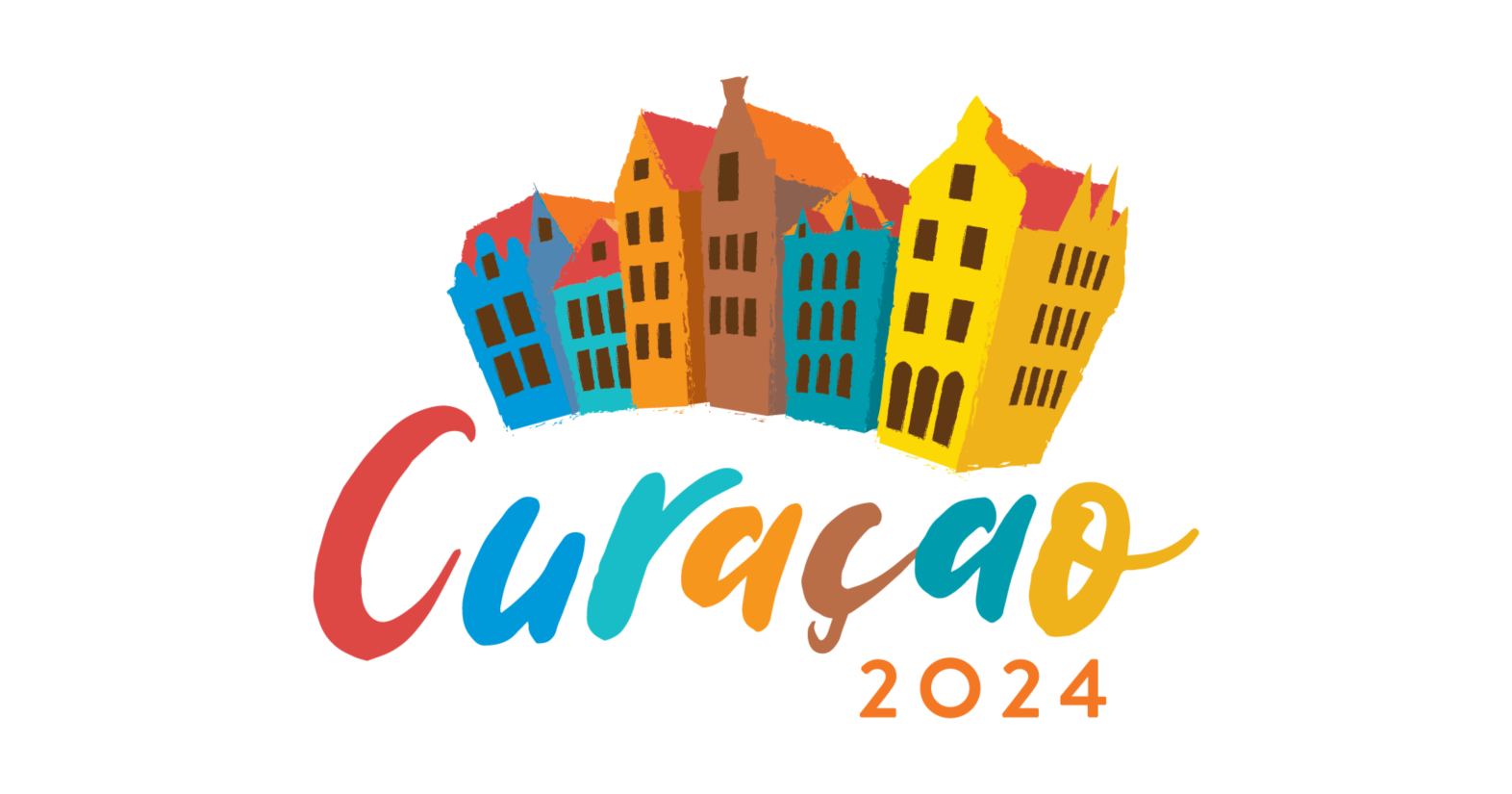 Colorful logo of cartoon townhouses over the words "Curacao 2024"