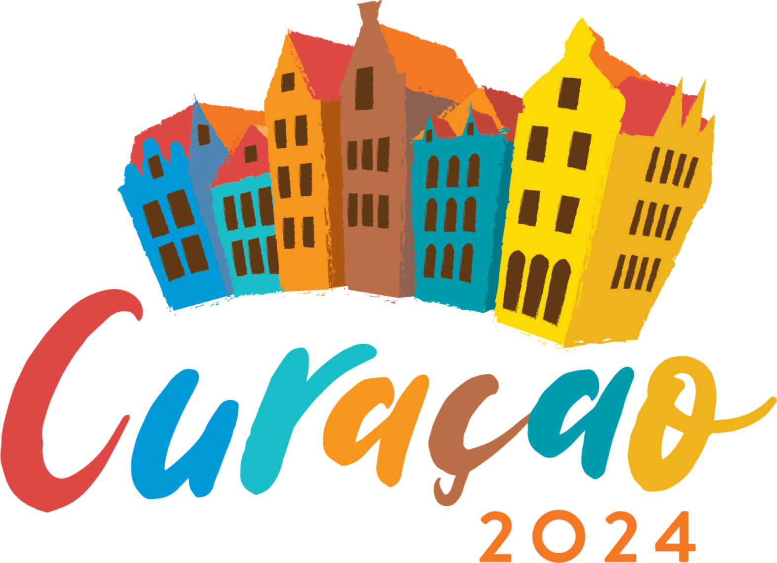 Colorful logo of cartoon townhouses over the words "Curacao 2024"