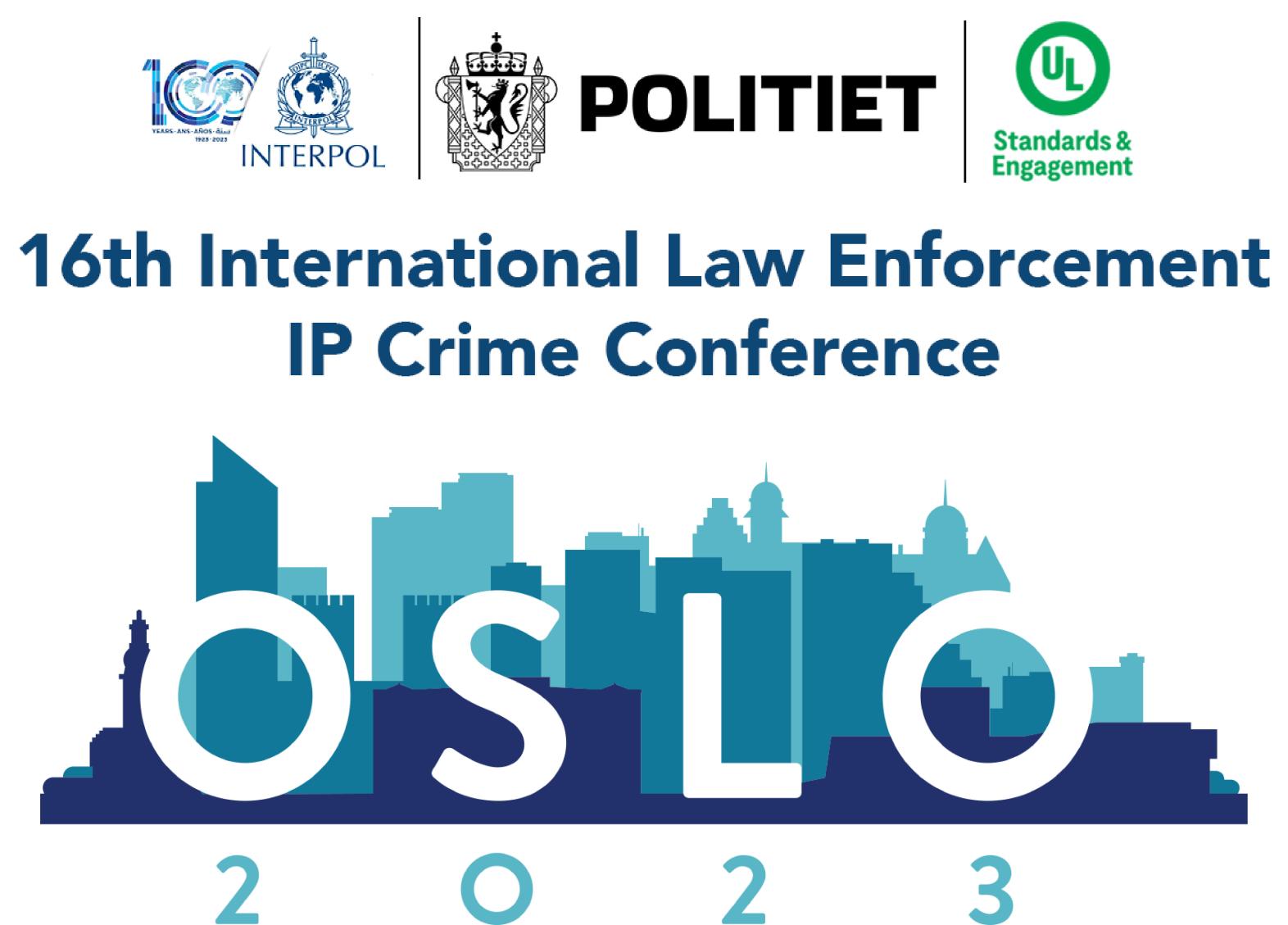 16th International Law Enforcement IP Crime Conference logo - the word "Oslo" is superimposed over a blue monochrome skyline