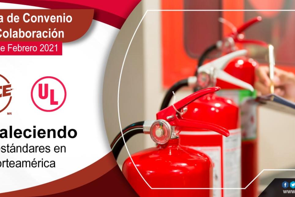 Photo of fire extinguishers and text in Spanish reading "Signature of collaboration agreement strengthening standards in North America"