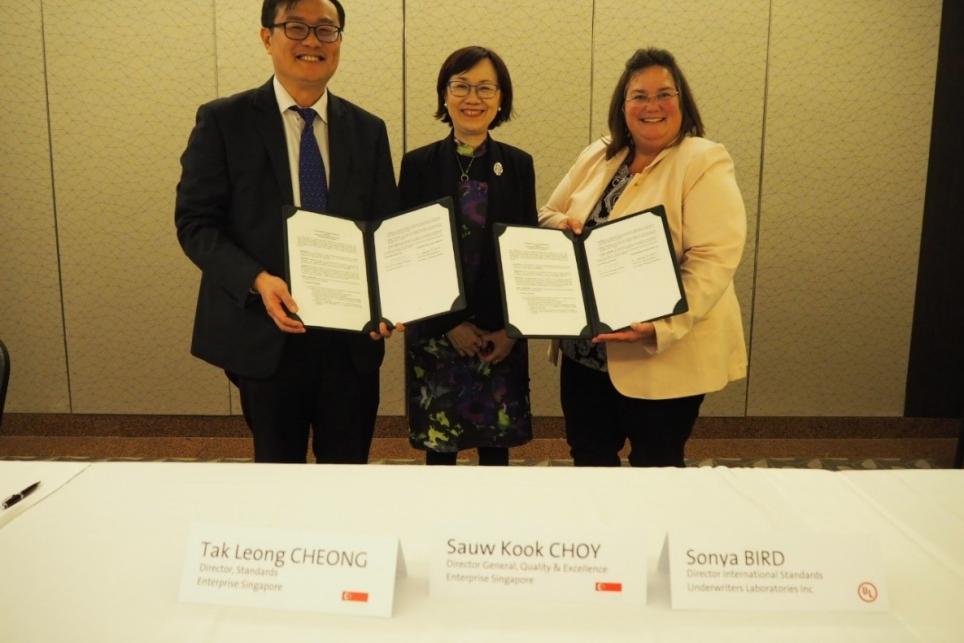 From left to right: Mr. Tak Leong Cheong, Ms. Sauw Kook Choy and Ms. Sonya Bird at MOU signing with Enterprise Singapore