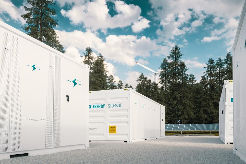 Energy Storage System in alpine setting with solar panels in background