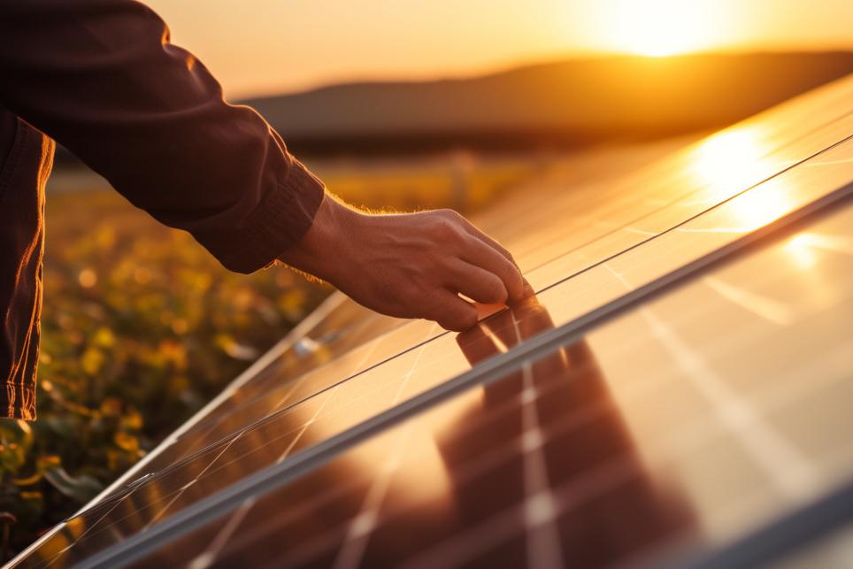 A man's hand resting on a solar panel; the sun sets on the horizon in the background.