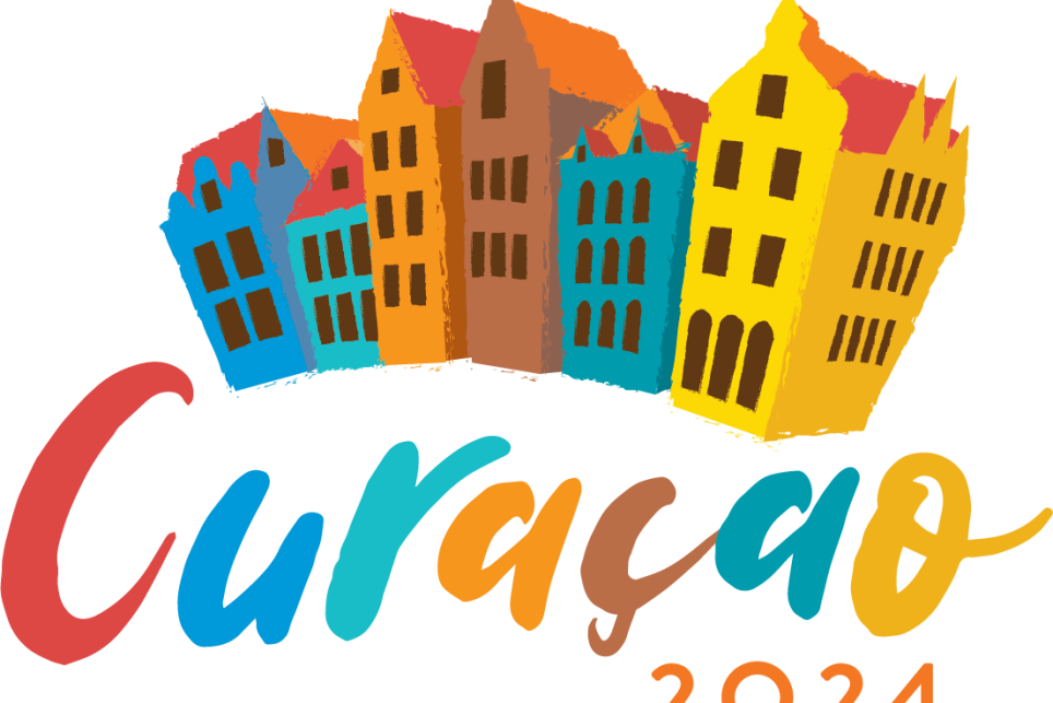 Colorful logo of cartoon townhouses over the words "Curacao 2024"