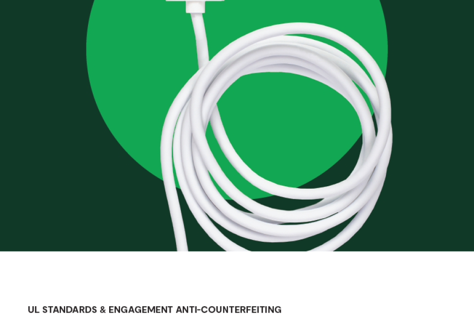 A report cover featuring a phone charger cable on a green background. The title is "Knowledge is Power: Increasing Public Awareness to Reduce Product Counterfeiting"