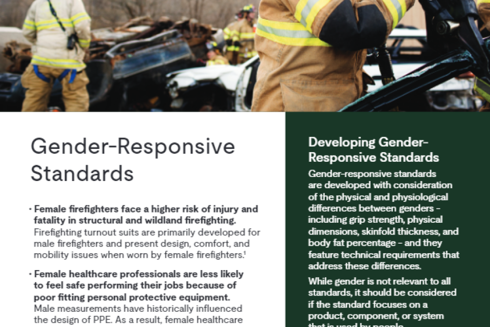 A flyer containing info on gender-responsive standards. The main image is a female firefighter in turnout gear