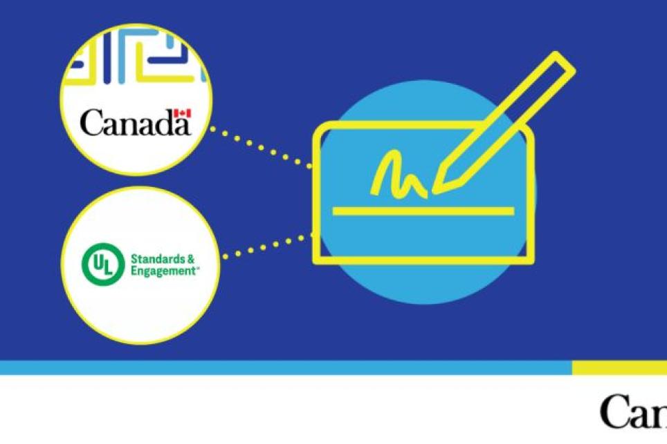 Infographic with Accessibility Standards Canada and UL Standards & Engagement Logos joined by an icon of a pen writing on paper, symbolizing the joint efforts the organizations will embark upon