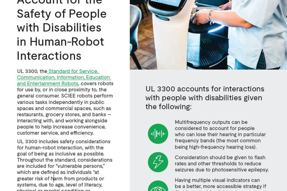 This is a whitepaper detailing how UL 3300 Helps Account for the Safety of People with Disabilities in Human-Robot Interactions. It features an image of a woman receiving a nice dinner from a robot server.