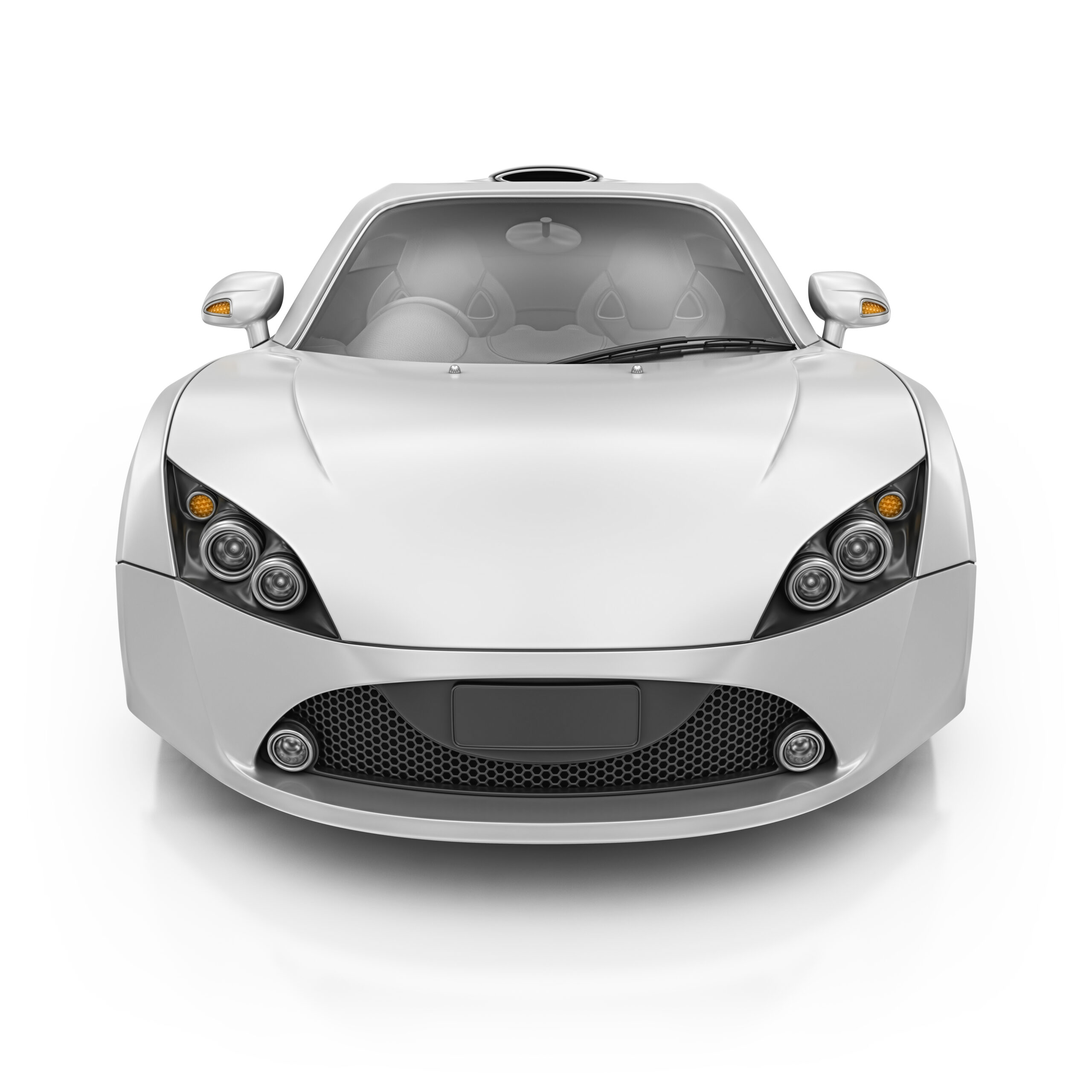 Front view of a sleek, white sports car with a modern design, rounded headlights, and a wide black grille, isolated on a white background.