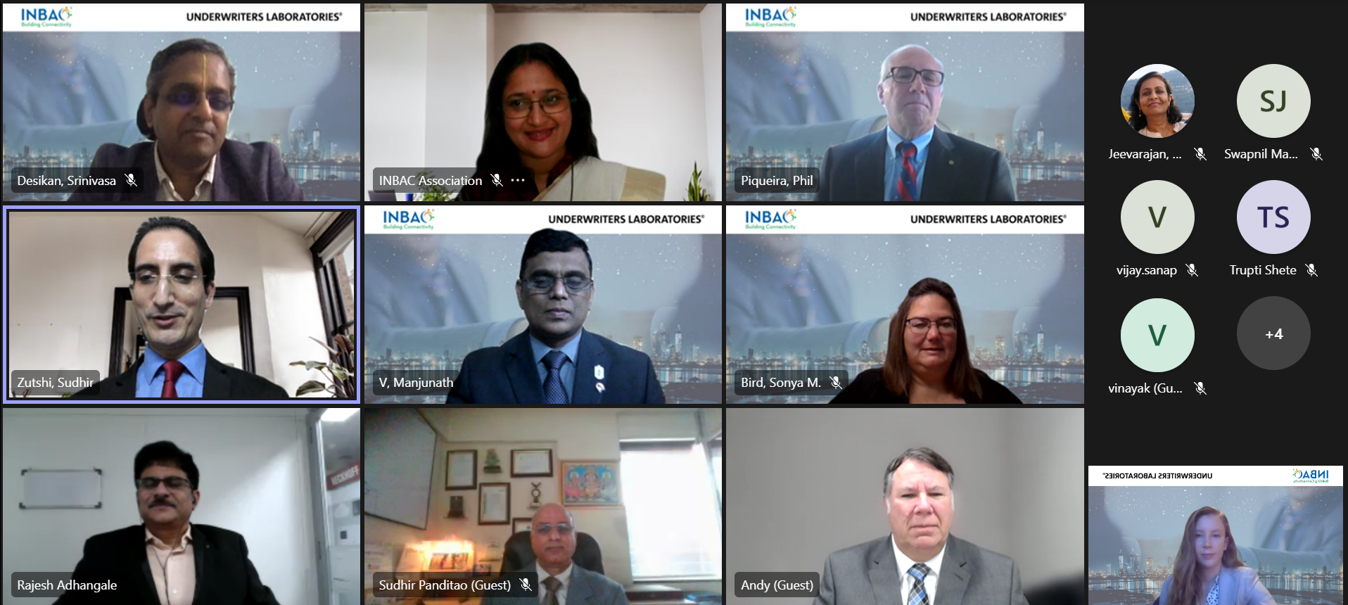 A screenshot of a virtual meeting with 11 participants in formal attire, displayed in a grid layout, and several others joined without video at the right side of the screen. INBAC and UNDERWRITERS LABORATORIES logos are visible.