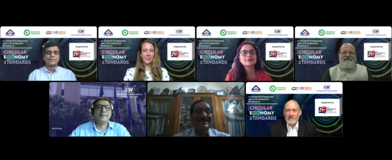 A virtual panel discussion with seven participants, each in their own video window, with “Circular Economy Standards” and sponsor logos displayed on backgrounds behind several speakers.