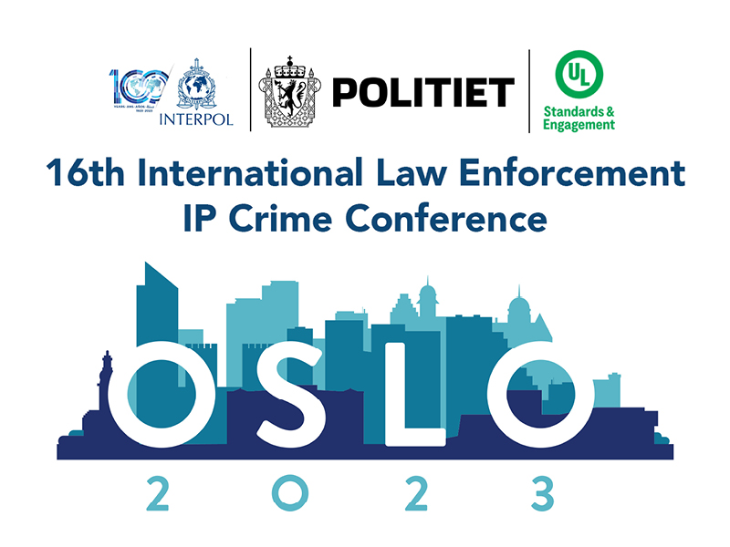 Conference graphic with logos for INTERPOL, Politiet, and UL. Text reads: "16th International Law Enforcement IP Crime Conference, OSLO 2023" above a blue Oslo city skyline silhouette.
