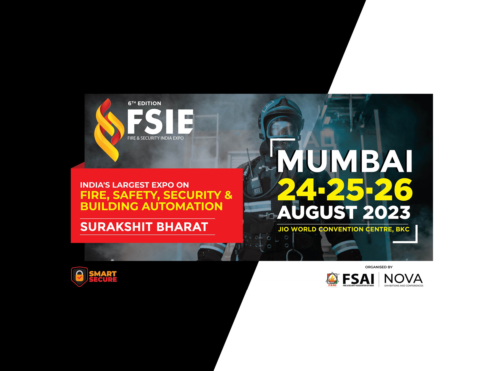 Promotional poster for the Fire & Security India Expo (FSIE), 6th edition, held in Mumbai on August 24-26, 2023 at Jio World Convention Centre. Includes event details and an image of a firefighter in protective gear.