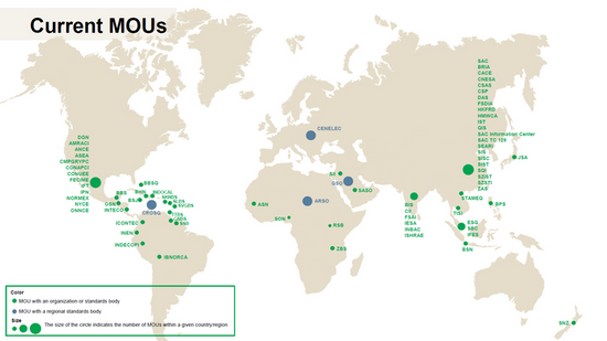 A world map showing locations of current MOUs, marked with green and blue dots of varying sizes. The dots are distributed across all continents, with a legend explaining dot color and size.