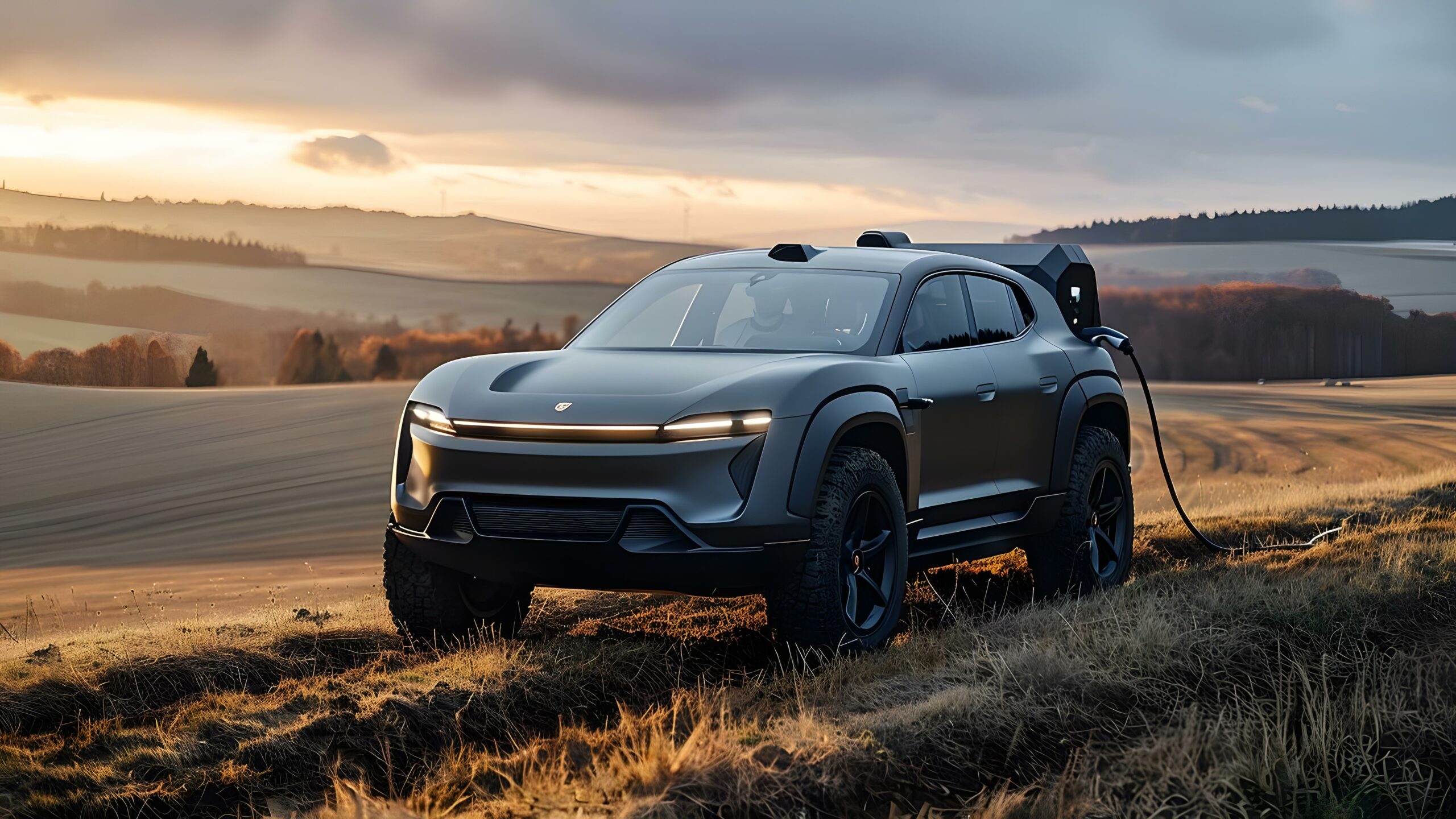 A sleek, matte-gray electric SUV is parked on a grassy hill at sunset, charging from a portable station, with rolling fields and distant trees in the background under a partly cloudy sky.
