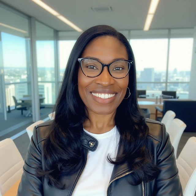 A woman with long dark hair, glasses, and a black jacket smiles in a modern office with large windows and city views in the background.