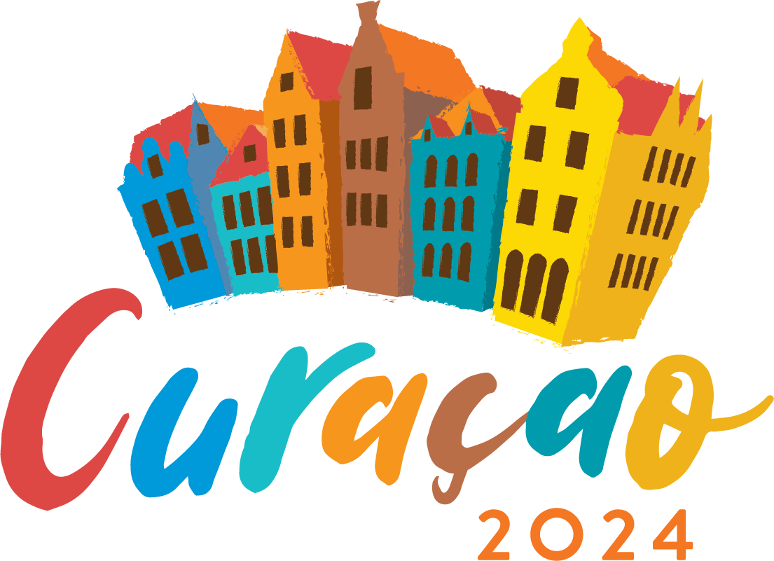 Colorful illustration of six Dutch-style buildings above the word "Curaçao" in vibrant, multicolored script, with "2024" in orange below.