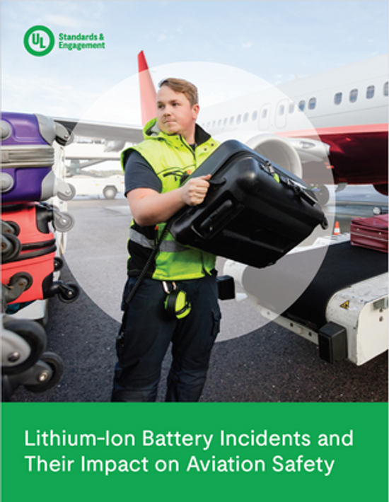 A baggage handler in a safety vest lifts a black suitcase near an airplane, surrounded by other luggage. The text reads: "Lithium-Ion Battery Incidents and Their Impact on Aviation Safety.