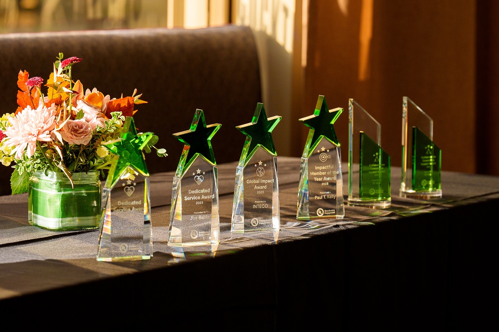 A row of clear glass awards with green stars on top displayed on a black tablecloth, next to a floral arrangement in a green vase, with sunlight streaming through a window.
