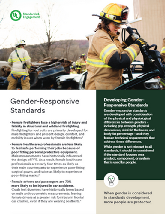 A female firefighter uses hydraulic rescue tools on a car while a male firefighter watches. The text discusses gender-responsive standards for female firefighters and healthcare professionals.