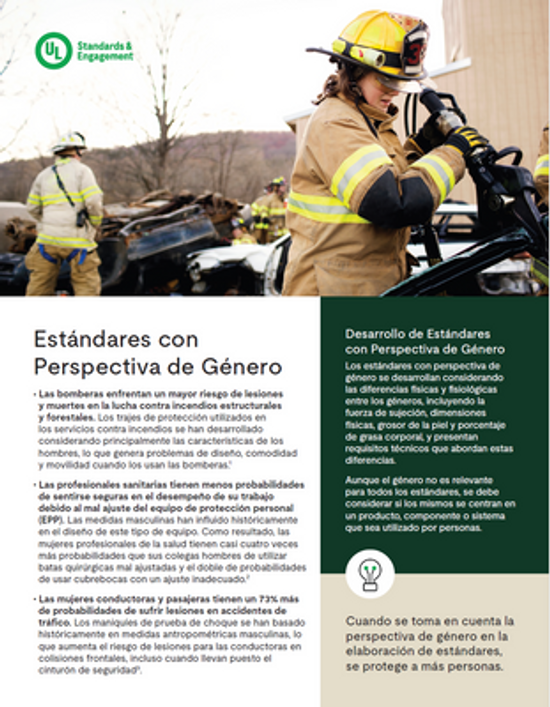 Two firefighters, one using heavy equipment to cut a car, and another in the background. Spanish text discusses the importance of gender perspective in developing safety standards for firefighting equipment.