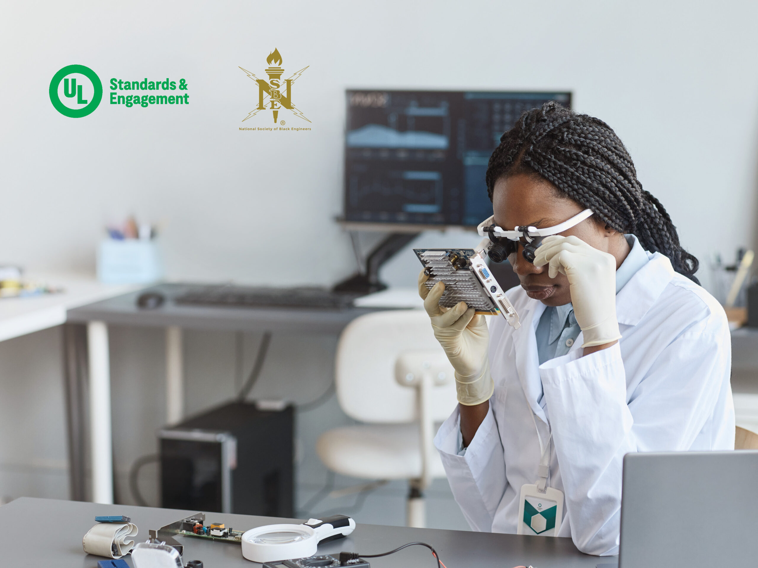A scientist in a lab coat and gloves uses magnifying glasses to inspect a circuit board at a desk with computer monitors. Two logos, "UL Standards & Engagement" and "National Society of Black Engineers," are visible.