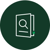 White outline of an open book with a magnifying glass on the cover, centered on a dark green circular background.