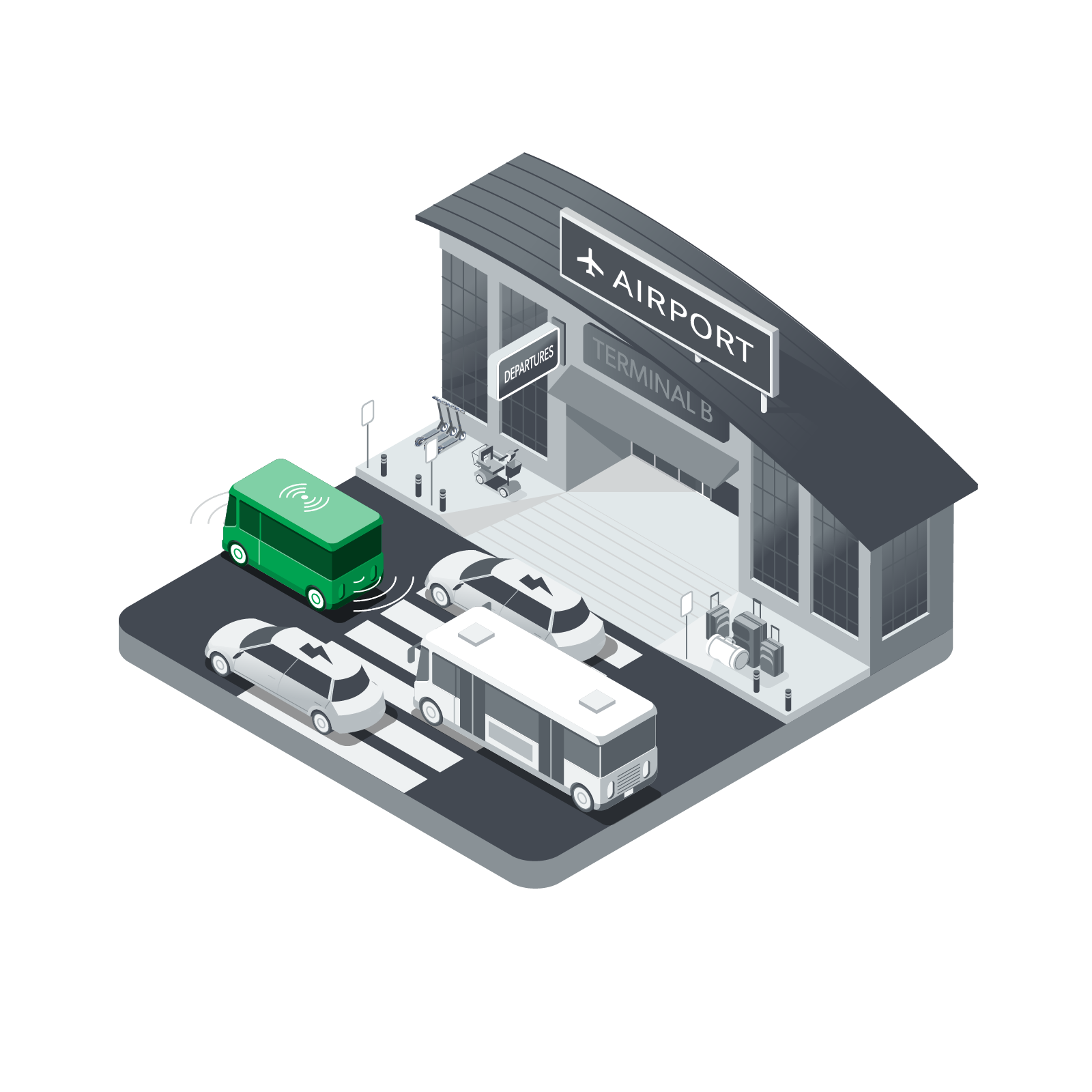 Isometric illustration of an airport terminal with people outside, a bus, a green electric van, and several cars parked near the entrance labeled “Terminal B” and “Departures.”.