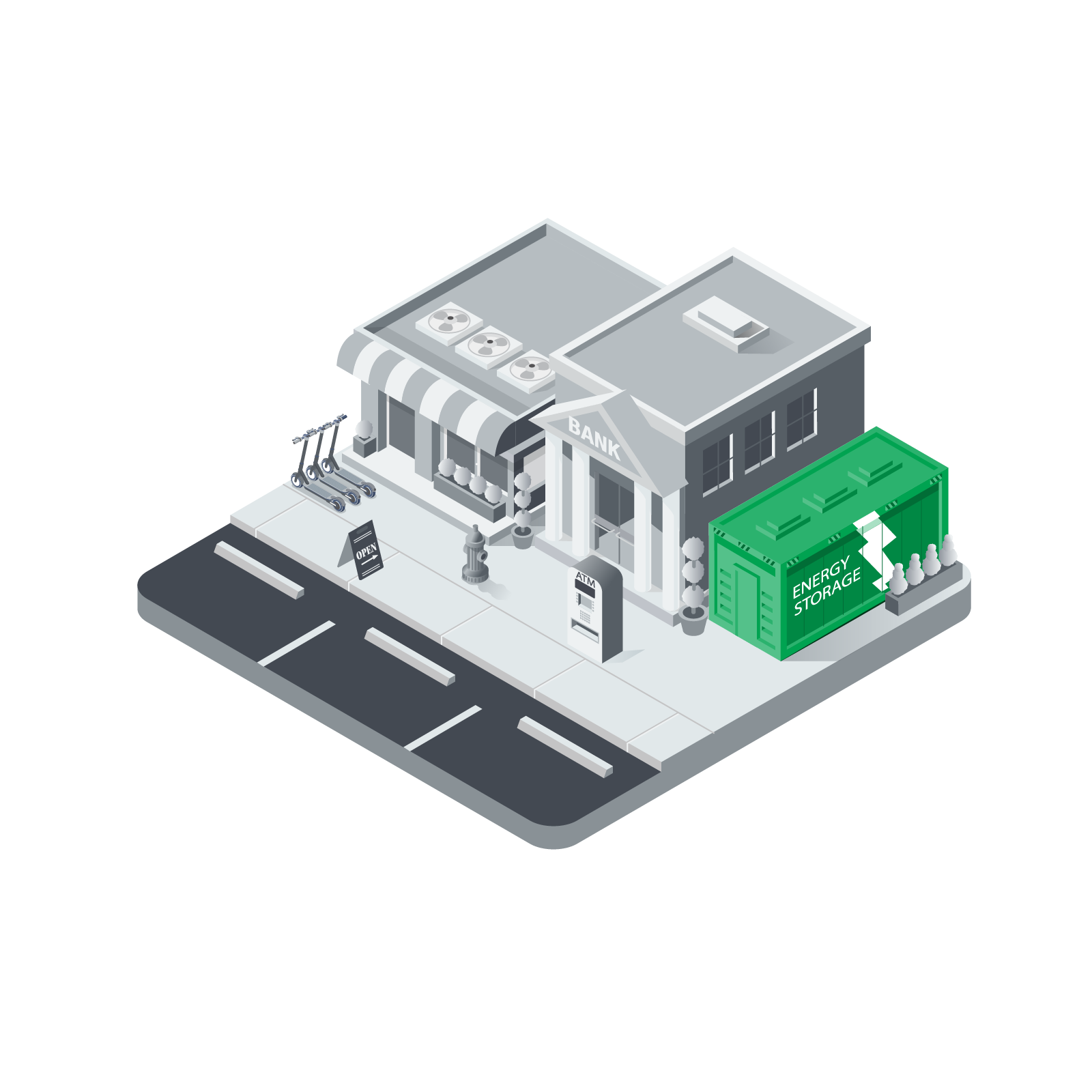Isometric illustration of a bank building with solar panels on the roof and a large green energy storage container beside it, next to a sidewalk and parking spaces.