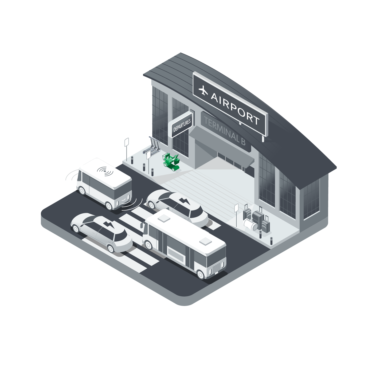 Isometric illustration of an airport terminal entrance labeled "Terminal B," with cars, a bus, and a van outside. People are walking and luggage carts are visible near the entrance.