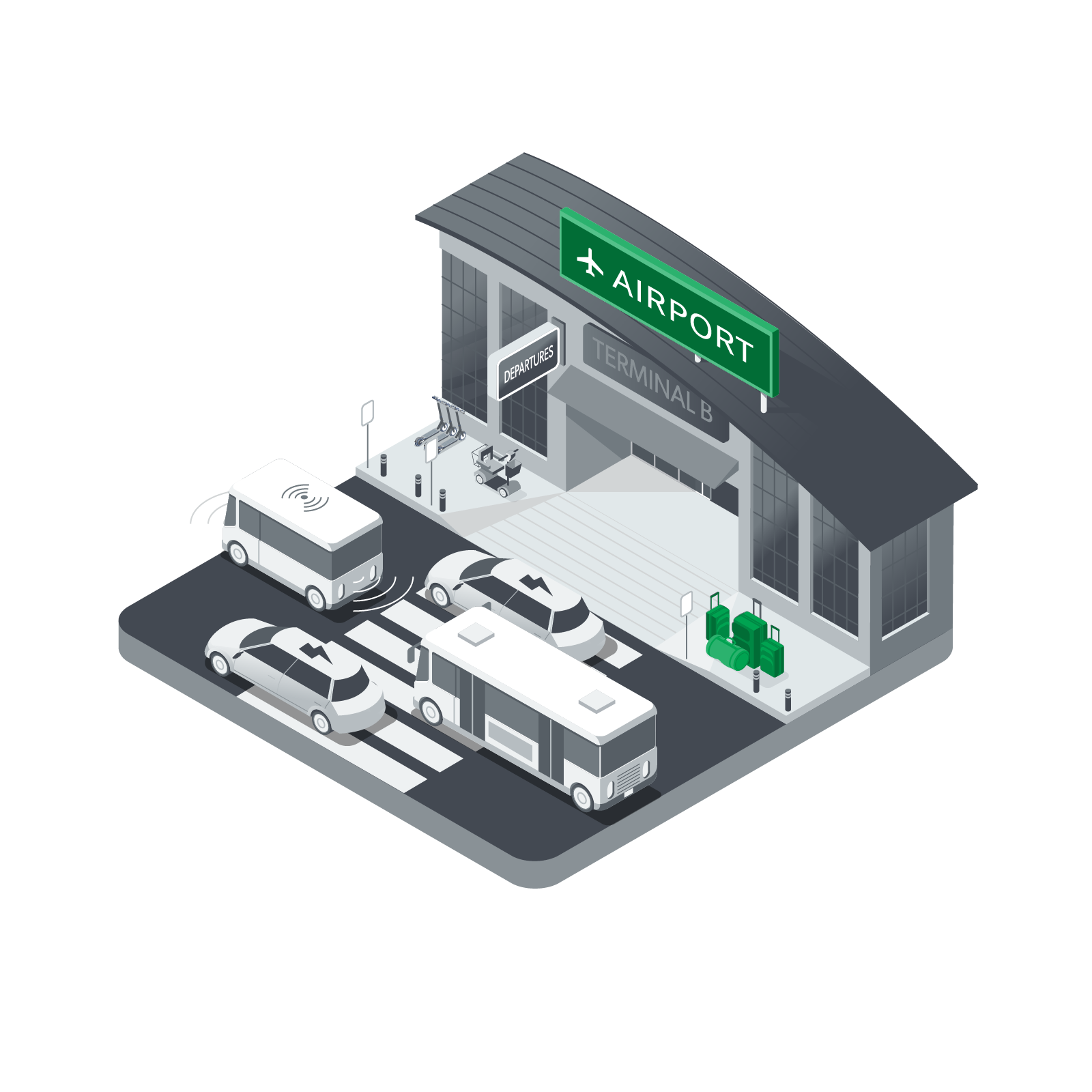 Isometric illustration of an airport terminal labeled "Terminal B," with cars, a bus, and a van at the drop-off area; luggage carts and people are near the entrance.