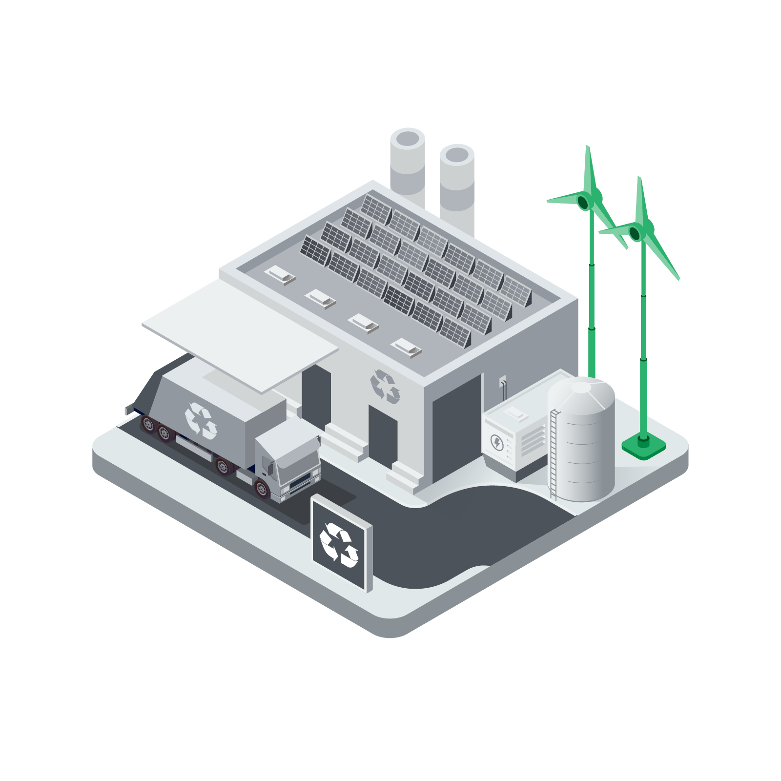 Isometric illustration of a recycling facility with solar panels on the roof, a recycling truck, wind turbines, and recycling symbols, representing sustainable energy and waste management.