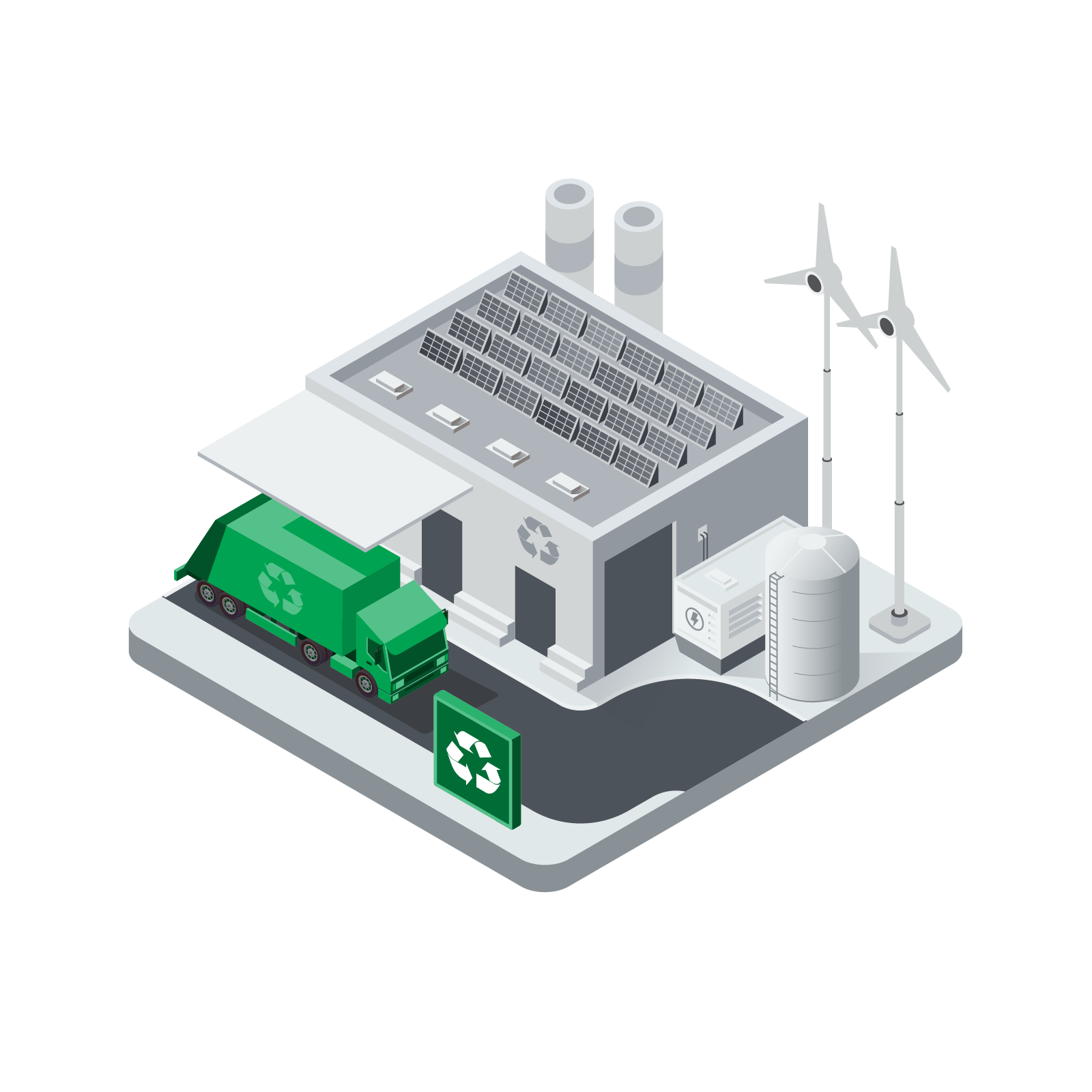 Isometric illustration of a recycling plant with solar panels on the roof, a green recycling truck, recycling bins, and storage tanks next to the building.