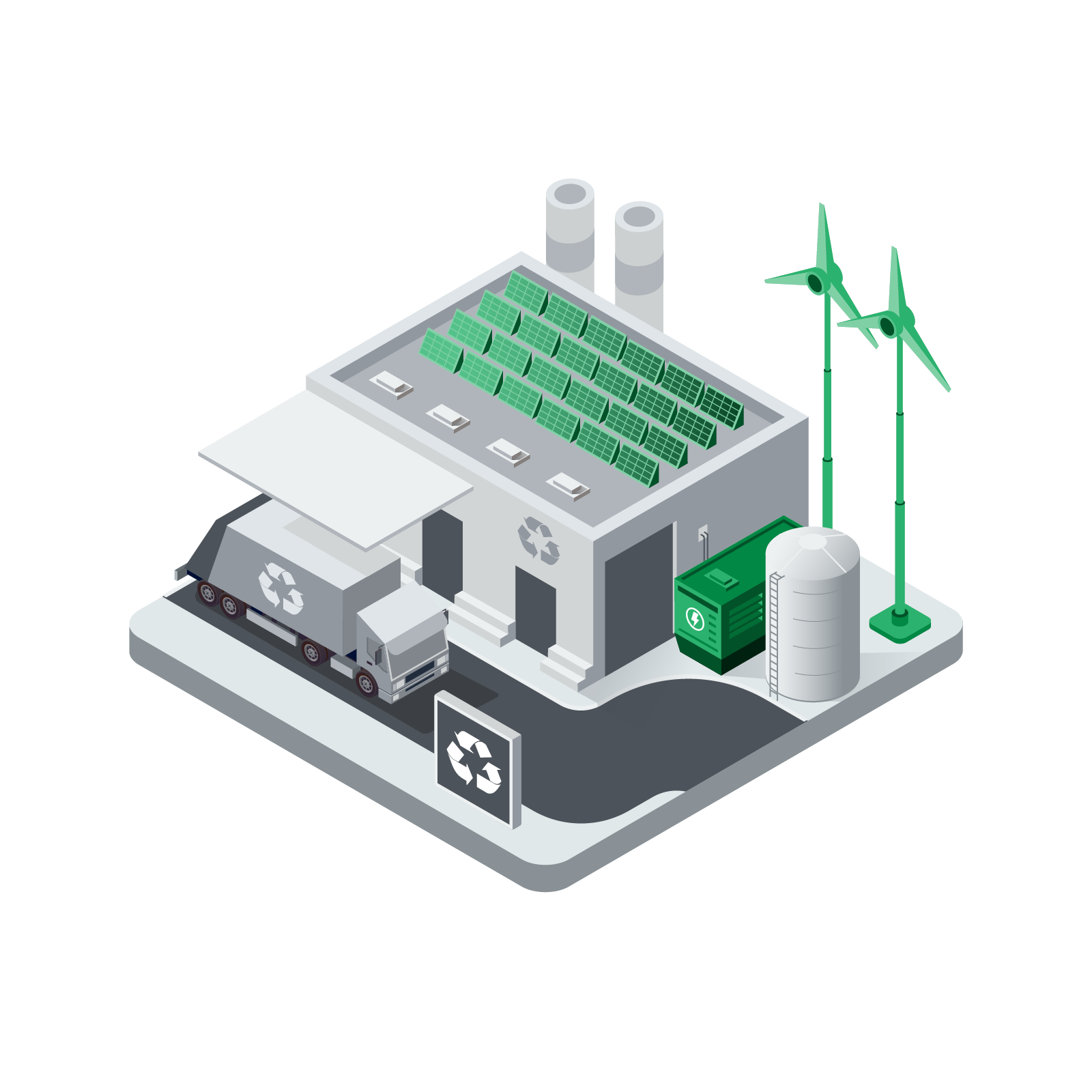 Isometric illustration of a recycling facility with solar panels on the roof, wind turbine, recycling bins, a recycling truck, and a sign featuring the recycling symbol.