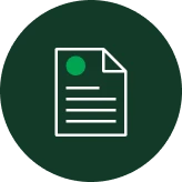 White icon of a document with lines and a green dot in the upper left corner, centered on a dark green circular background.