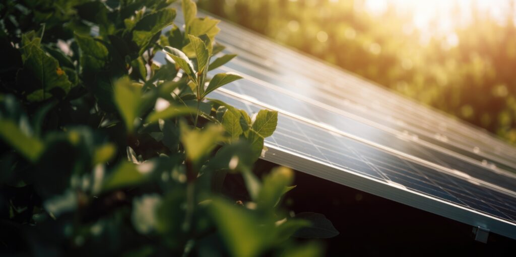 Green leaves of a tree near a solar panel