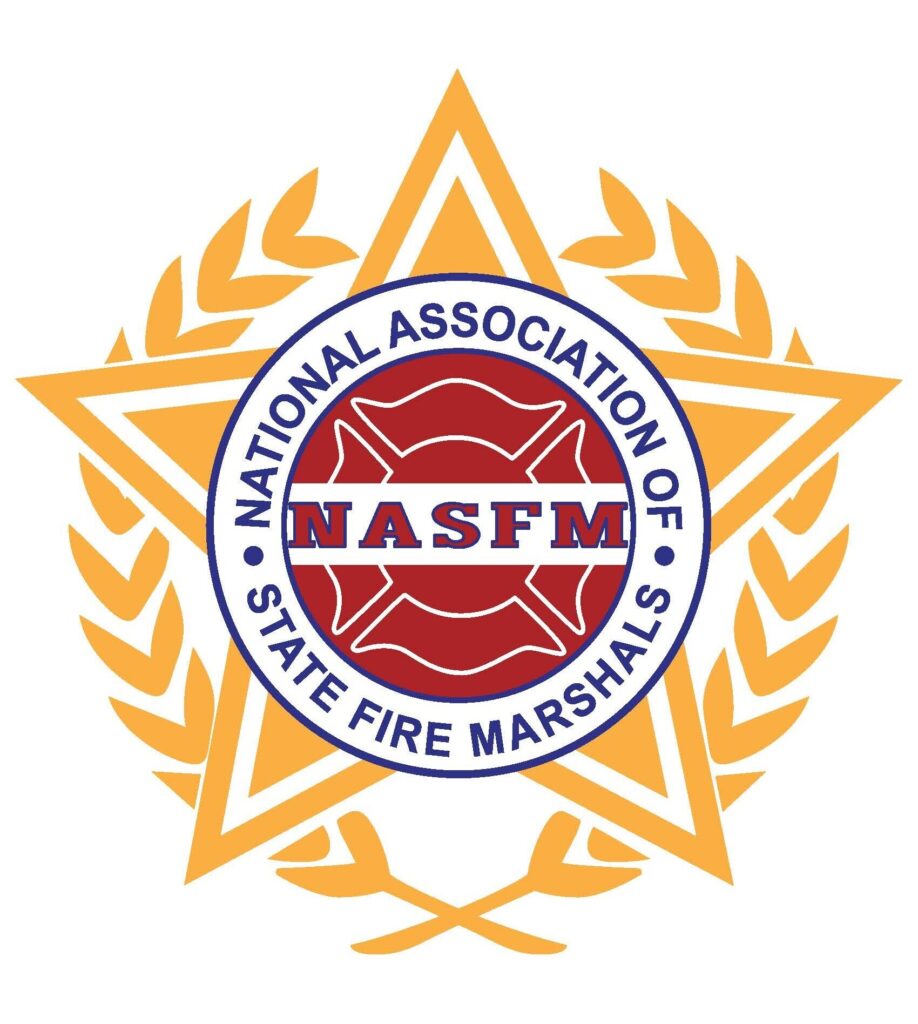 Logo of the National Association of State Fire Marshals, featuring a gold star and laurel wreath with a red emblem in the center displaying the acronym NASFM.