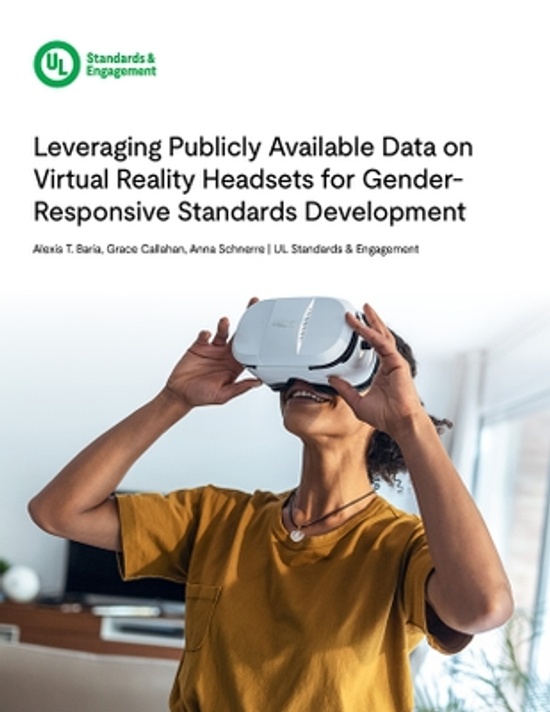 A person in a brown shirt uses a virtual reality headset. The image is overlaid with the title "Leveraging Publicly Available Data on Virtual Reality Headsets for Gender-Responsive Standards Development" and UL branding.