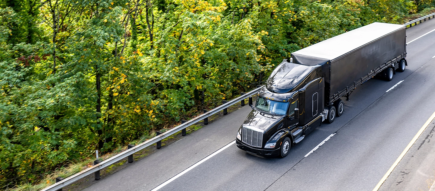 A black semi-truck with a long trailer drives on a highway bordered by lush green trees, viewed from above during the daytime.