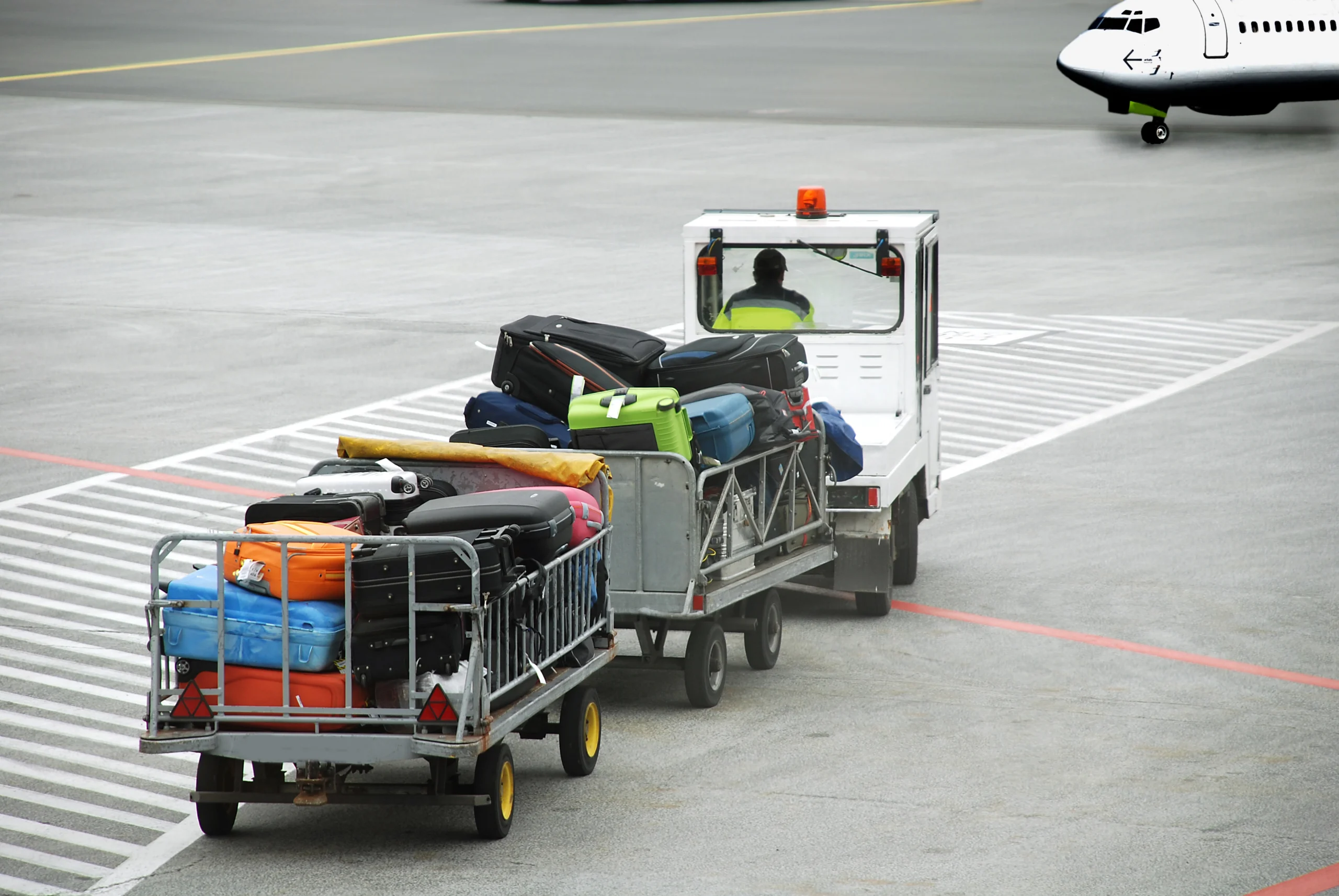 A baggage cart loaded with colorful suitcases is being towed by a small vehicle on an airport tarmac, with part of an airplane visible in the background.