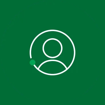 White outline of a user profile icon with a green circle indicator, set against a solid green background.