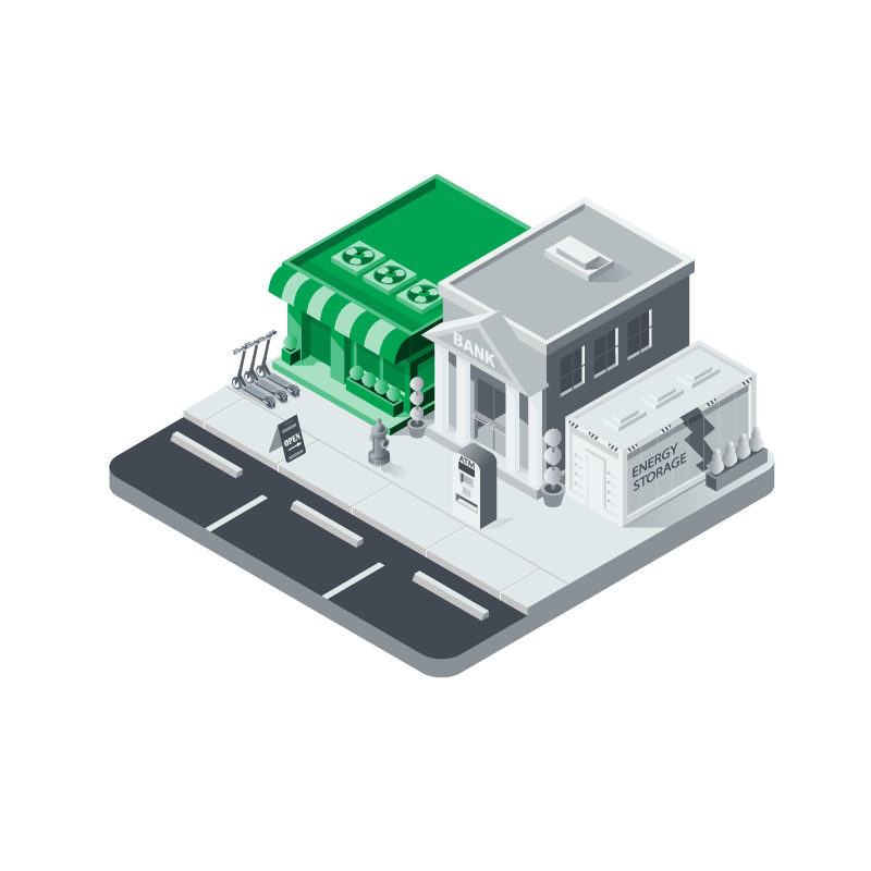 Isometric illustration of a street corner with a bank, a shop with a green awning, and an energy storage building, including parked bikes, parking spaces, and a sidewalk.
