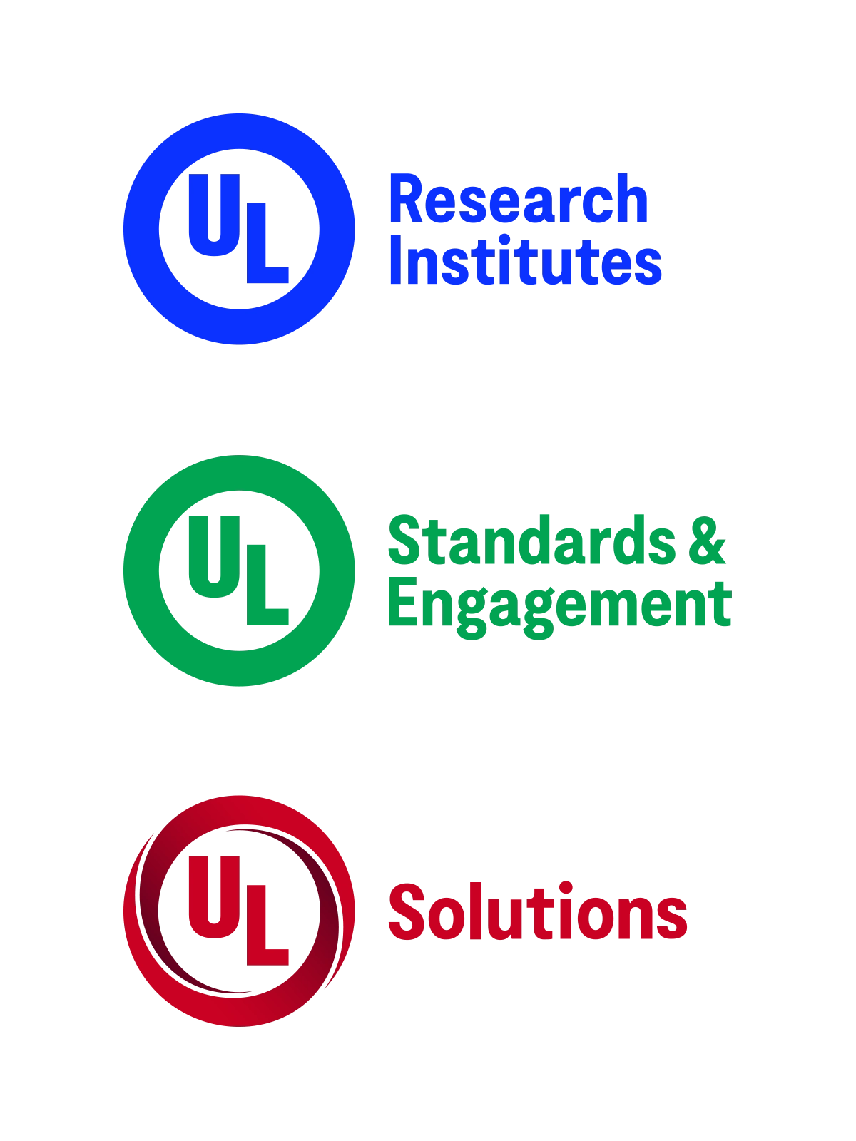 Three colored icons with "UL" in circles: blue for "Research Institutes," green for "Standards & Engagement," and red for "Solutions," each with matching text and lines to the right.